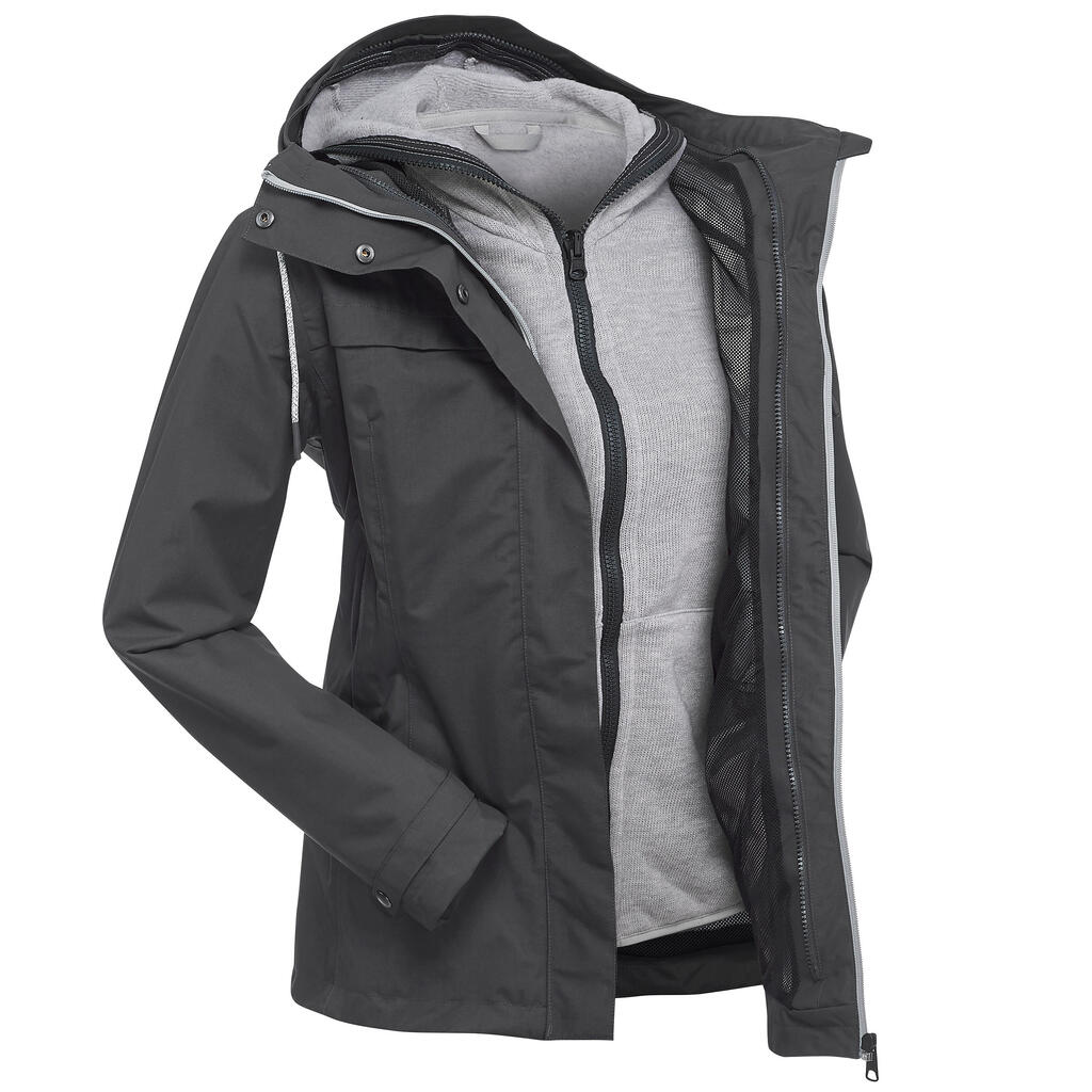 Veste 3en1 imperméable confort 0°C de trek voyage - TRAVEL 100 gris foncé-femme