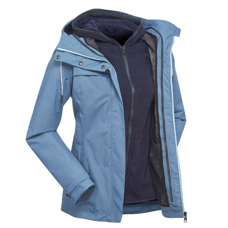 Women's blue 3 in 1 trekking travel jacket TRAVEL 100