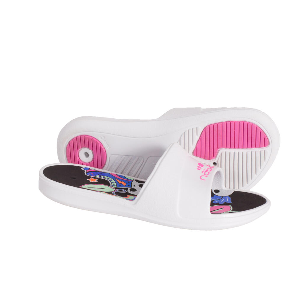 Sandale claquette piscine enfant slap 500 print derby blanc noir