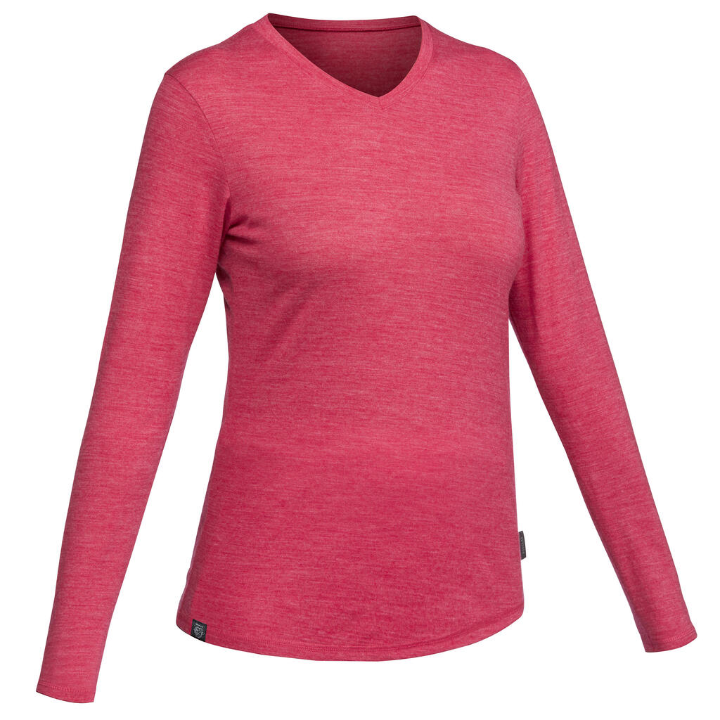 Women's Trekking Long-Sleeved Merino Wool T-shirt TRAVEL500 - Pink