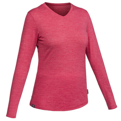 Women's Trekking Long-Sleeved Merino Wool T-shirt TRAVEL500 - Pink ...