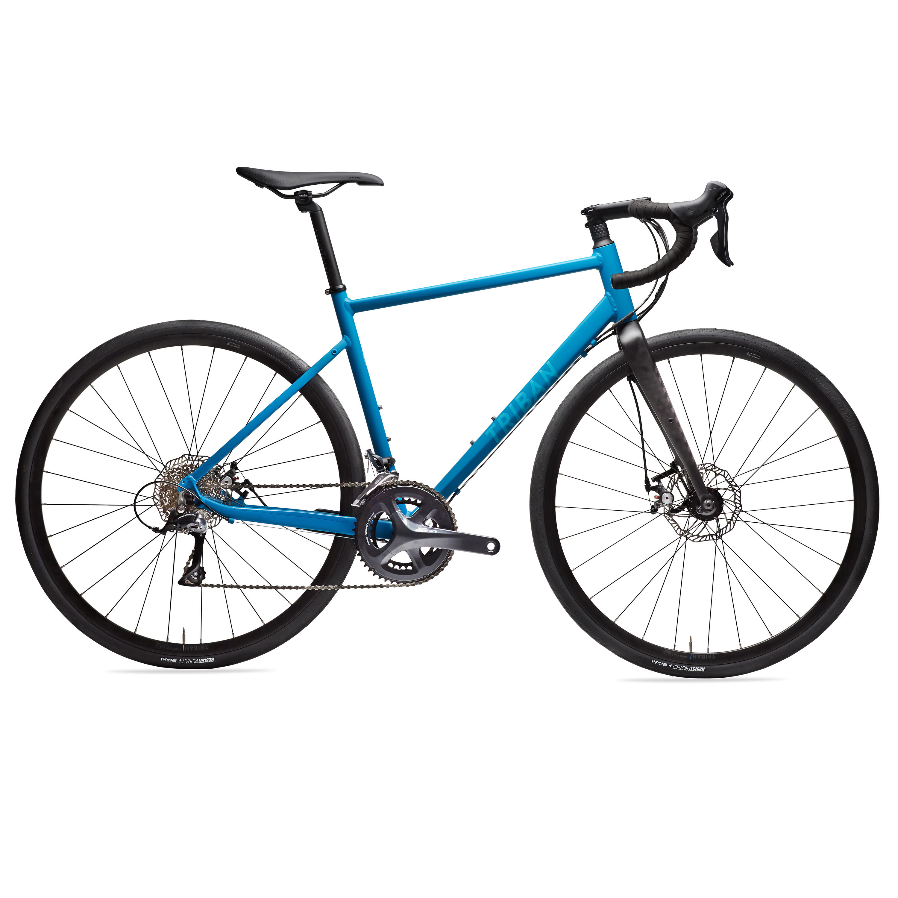 Blue Triban RC500 road bike with disc brakes and Shimano Sora groupset