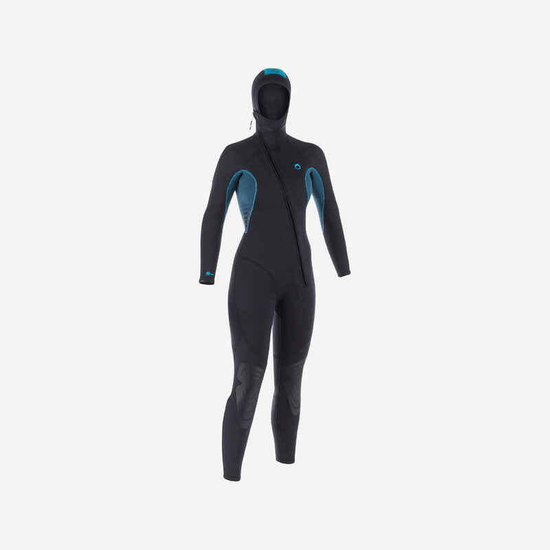 Women's diving wetsuit with hood 7 mm neoprene SCD 500 black and blue