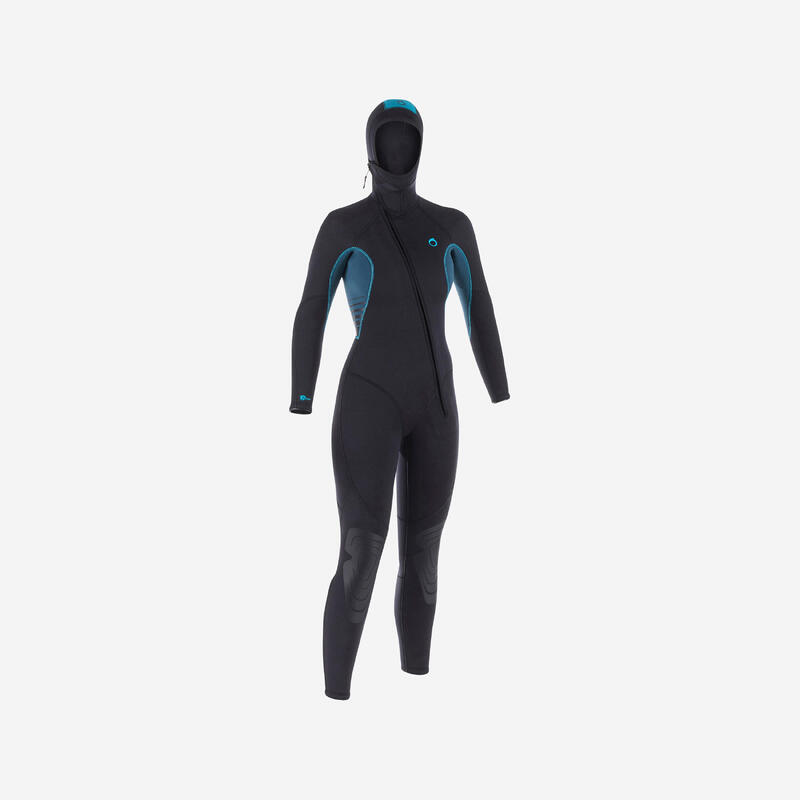 Muta subacquea donna 500 neoprene 7 mm cappuccio nero-azzurro