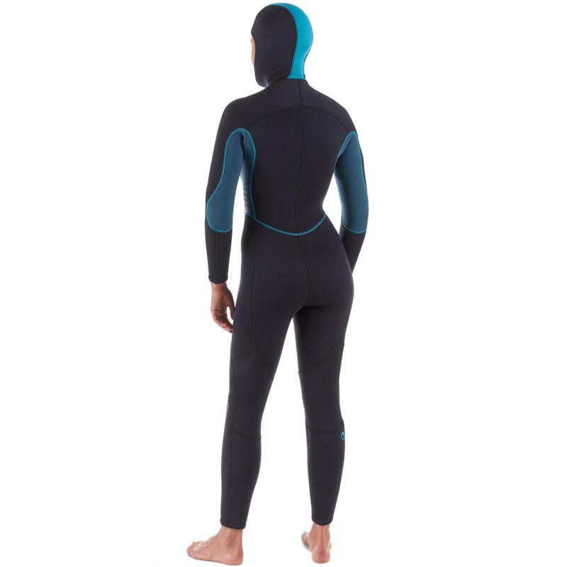 Muta subacquea donna 500 neoprene 7,5 mm cappuccio nero-azzurro