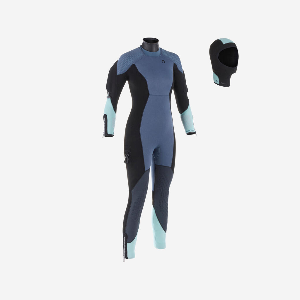 Women's diving semi-dry wetsuit 7 mm neoprene blue grey