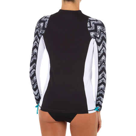 Women's long-sleeve UV Protection Surfing Top T-Shirt 500 black and white