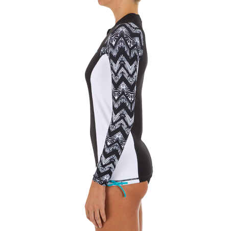 Women's long-sleeve UV Protection Surfing Top T-Shirt 500 black and white