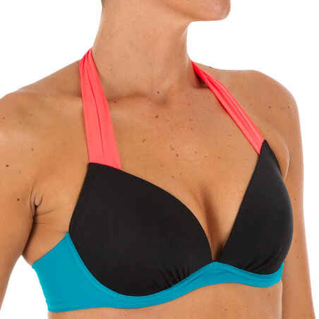 Women's push-up swimsuit top with fixed padded cups ELENA COLORBLOCK