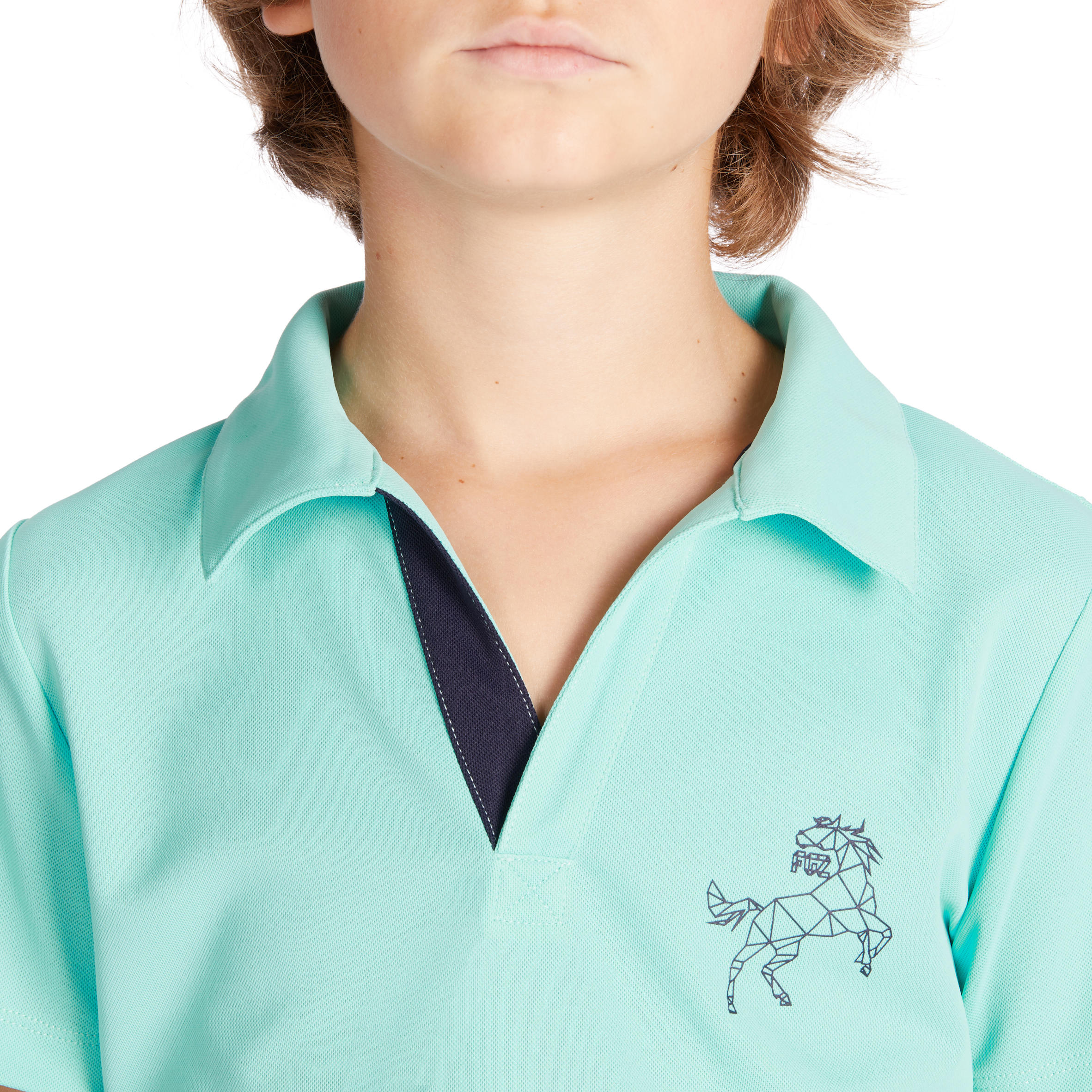 Licht poloshirt voor paardrijden kinderen 500 korte mouwen mesh turquoise 7/11