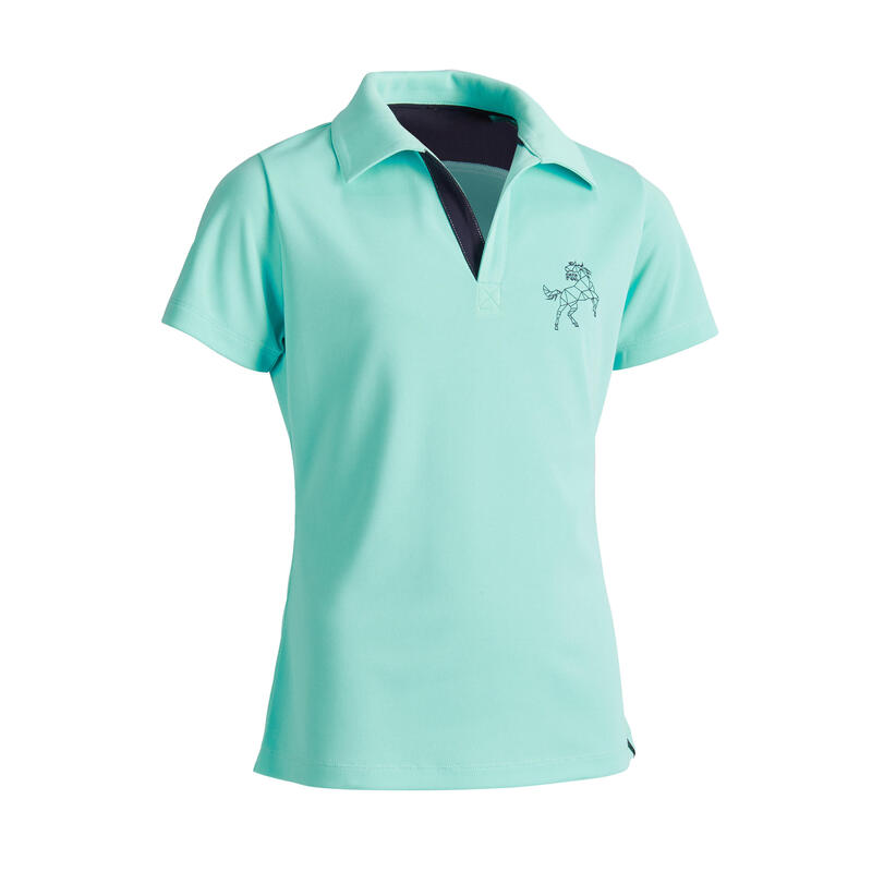 Licht poloshirt voor paardrijden kinderen 500 korte mouwen mesh turquoise