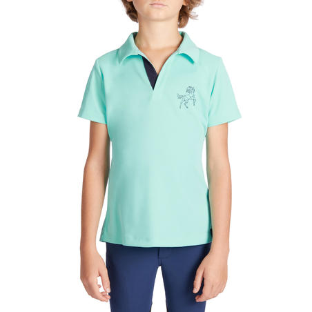 500 Mesh Kids' Short-Sleeved Horse Riding Polo Shirt - Turquoise/Navy