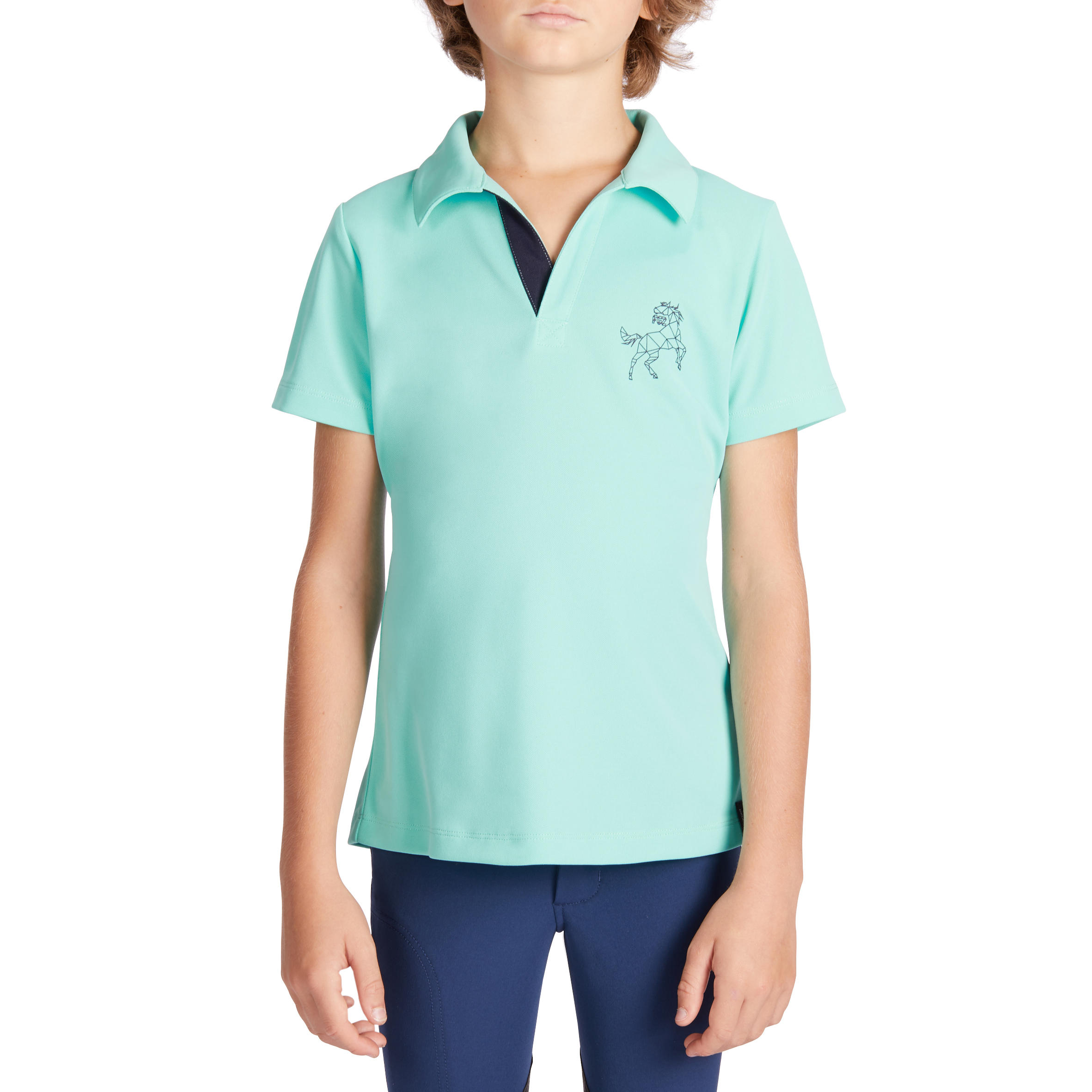 foto van KINDERPOLO MET KORTE MOUWEN 500 MESH TURKOOIS/MARINEBLAUW maat 140