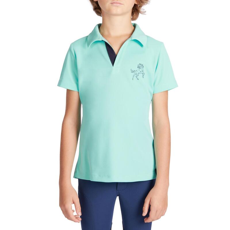 Licht poloshirt voor paardrijden kinderen 500 korte mouwen mesh turquoise