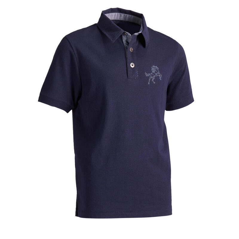 Poloshirt met korte mouwen voor ruitersport jongens 140 marineblauw