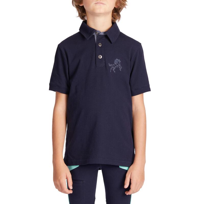 Poloshirt met korte mouwen voor ruitersport jongens 140 marineblauw