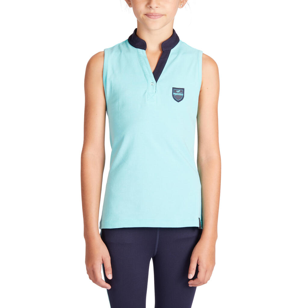 Reitshirt ärmellos 100 Kinder türkis/marineblau