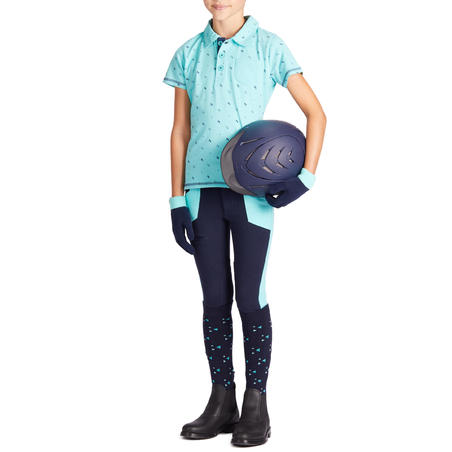 140 Girls' Short-Sleeved Horse Riding Polo Shirt - Turquoise With Navy Designs