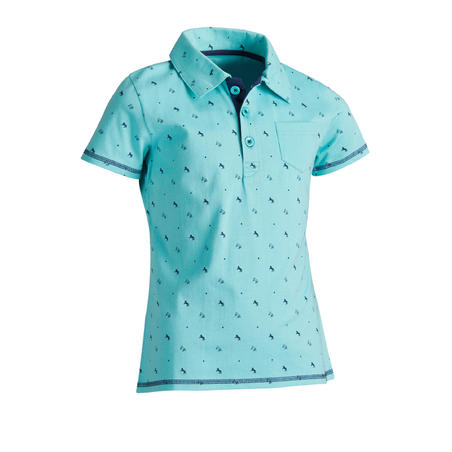 140 Girls' Short-Sleeved Horse Riding Polo Shirt - Turquoise With Navy Designs