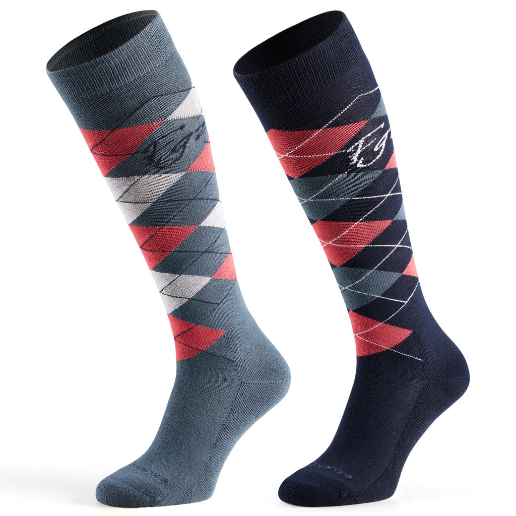 Adult Horse Riding Socks Lozenges - Petrol Blue and Navy Blue/Teal