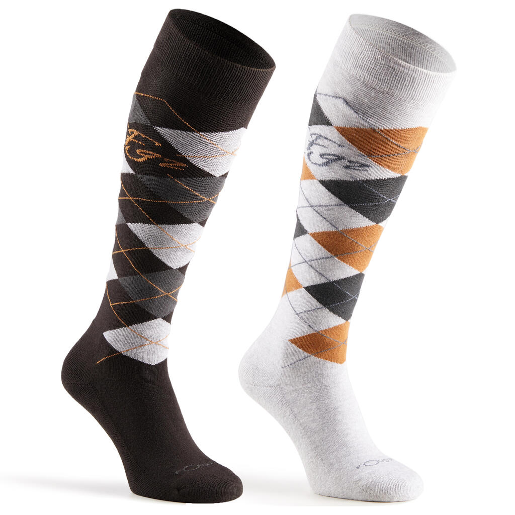 Losanges Adult Horse Riding Socks - Dark Grey/Light Grey/Camel