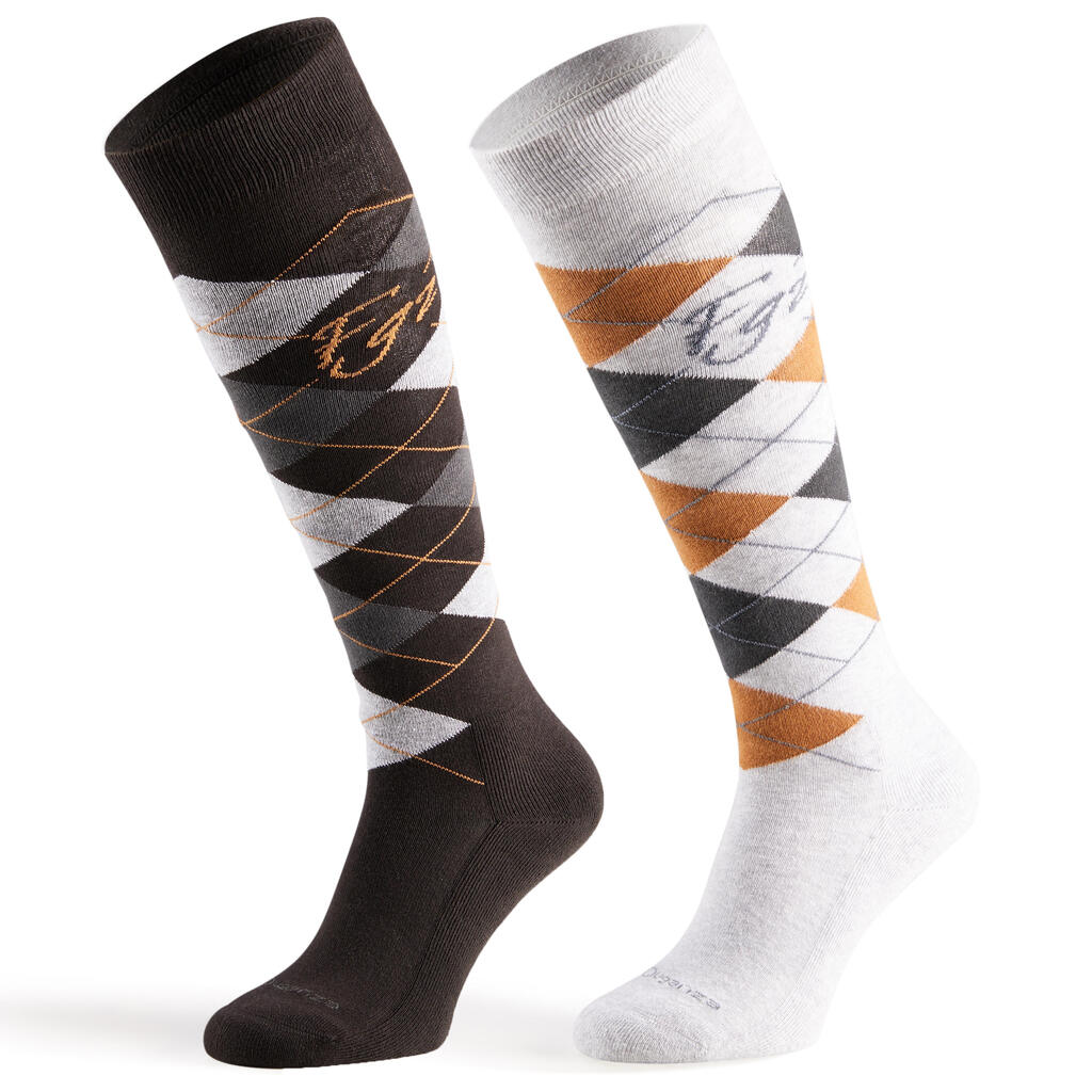 Losanges Adult Horse Riding Socks - Dark Grey/Light Grey/Camel