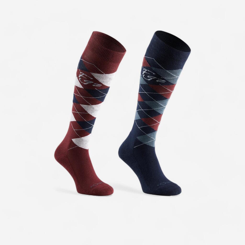 Adult Horse Riding Socks Losanges - Navy Blue/Pale Pink and Petrol Blue