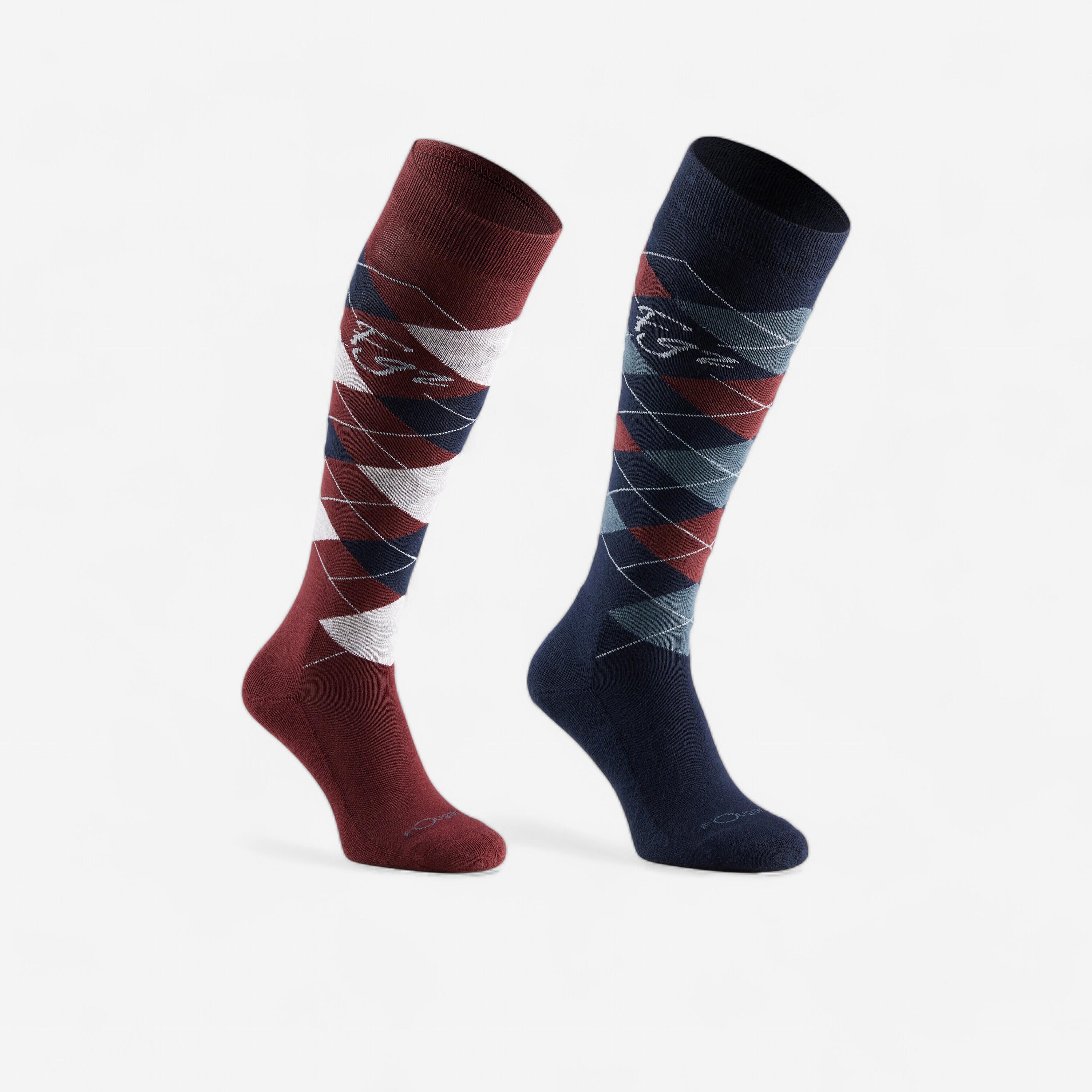 FOUGANZA Argyle Adult Horse Riding Socks - Navy/Burgundy