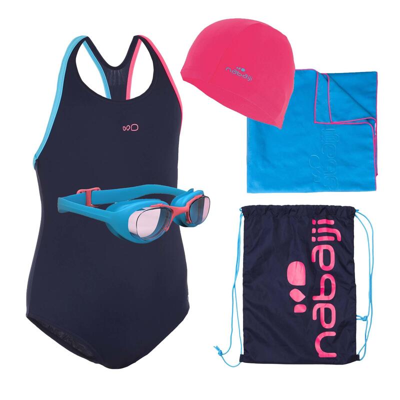 Kit natation fille 100 START : maillot de bain, lunettes, bonnet, serviette, sac