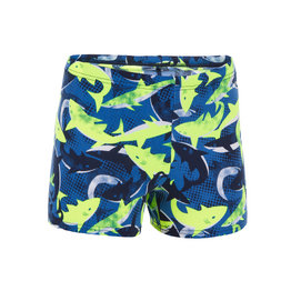 Maillot boxer de bain natation Garçon - 500 Fitib all shark noir jaune fluo