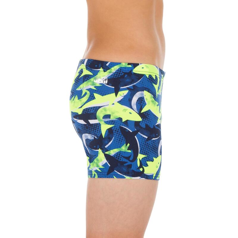 Maillot boxer de bain natation Garçon - 500 Fitib all shark noir jaune fluo
