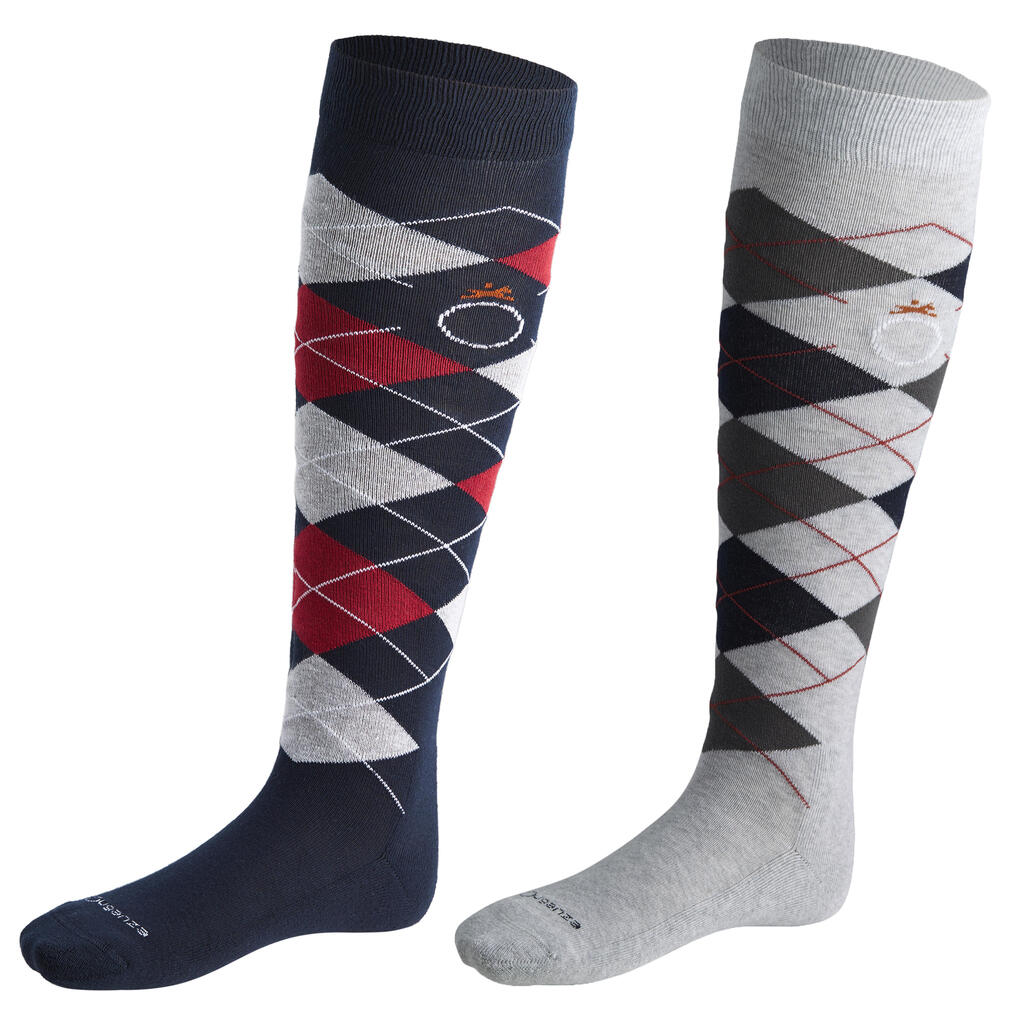 Adult Horse Riding Socks Lozenges - Petrol Blue and Navy Blue/Teal