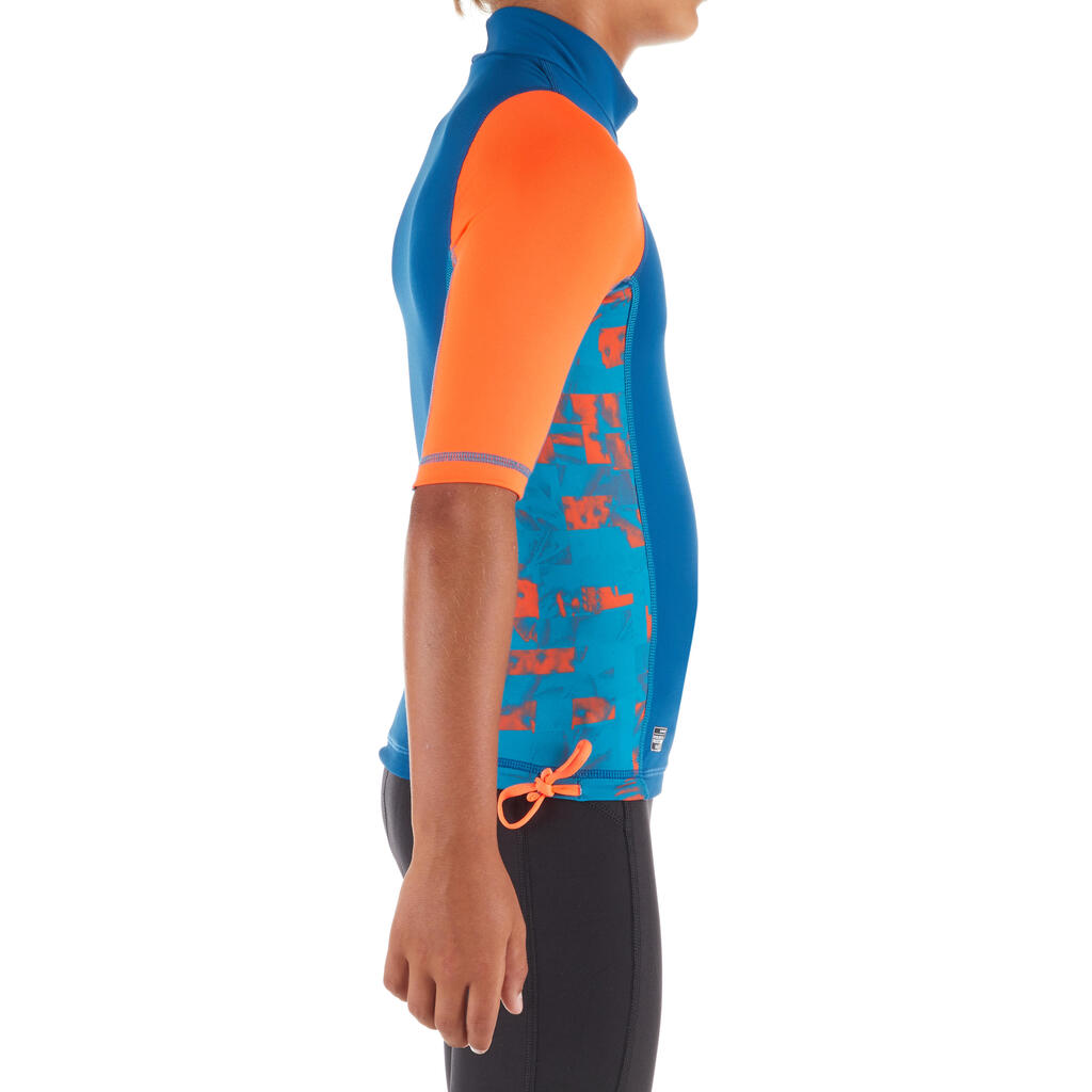 Detské tričko Top 500 proti UV žiareniu s krátkym rukávom na surf modré potlač