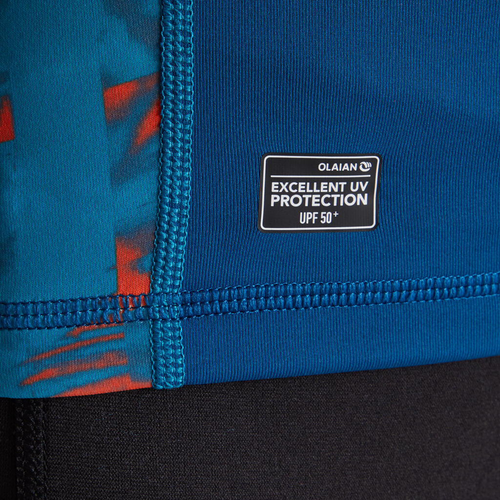 Detské tričko Top 500 proti UV žiareniu s krátkym rukávom na surf modré potlač