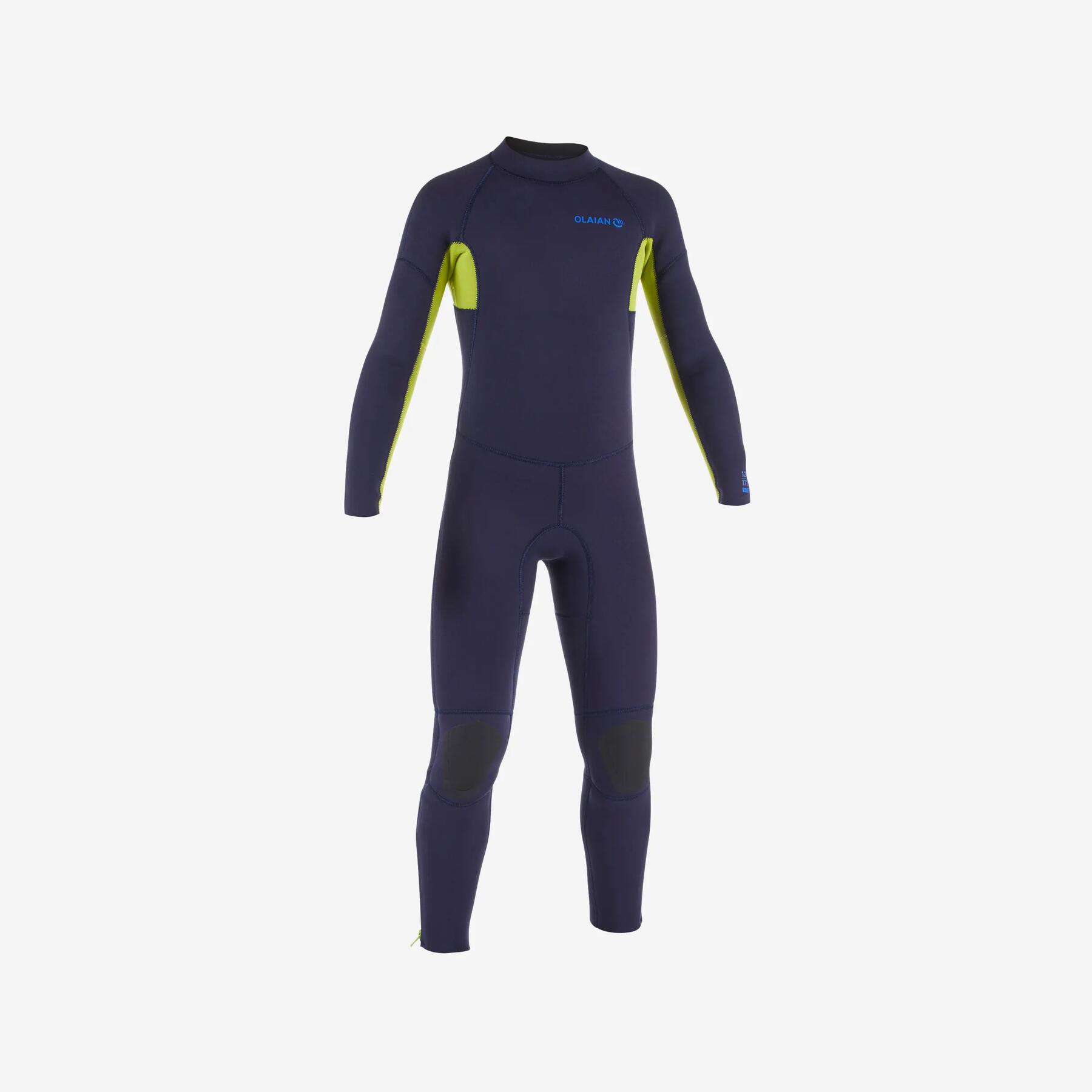 100 4/3MM KIDS FULL WETSUIT - NAVY BLUE / LIME GREEN