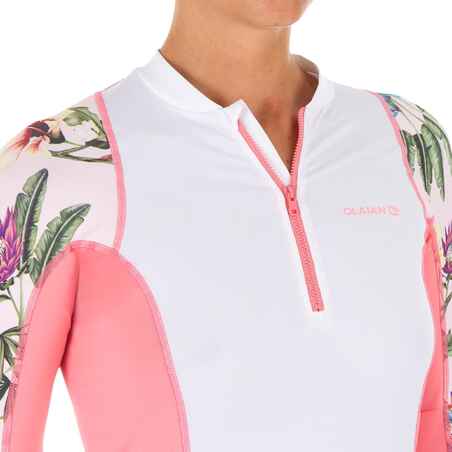 T-shirt Atasan Selancar Perlindungan UV lengan panjang Wanita 500 putih pink