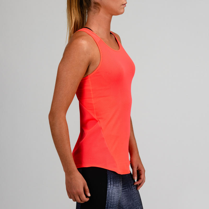 120 Fitness Kardiyo Sporcu Atleti Kadin Cizgili Mercan Rengi Domyos By Decathlon