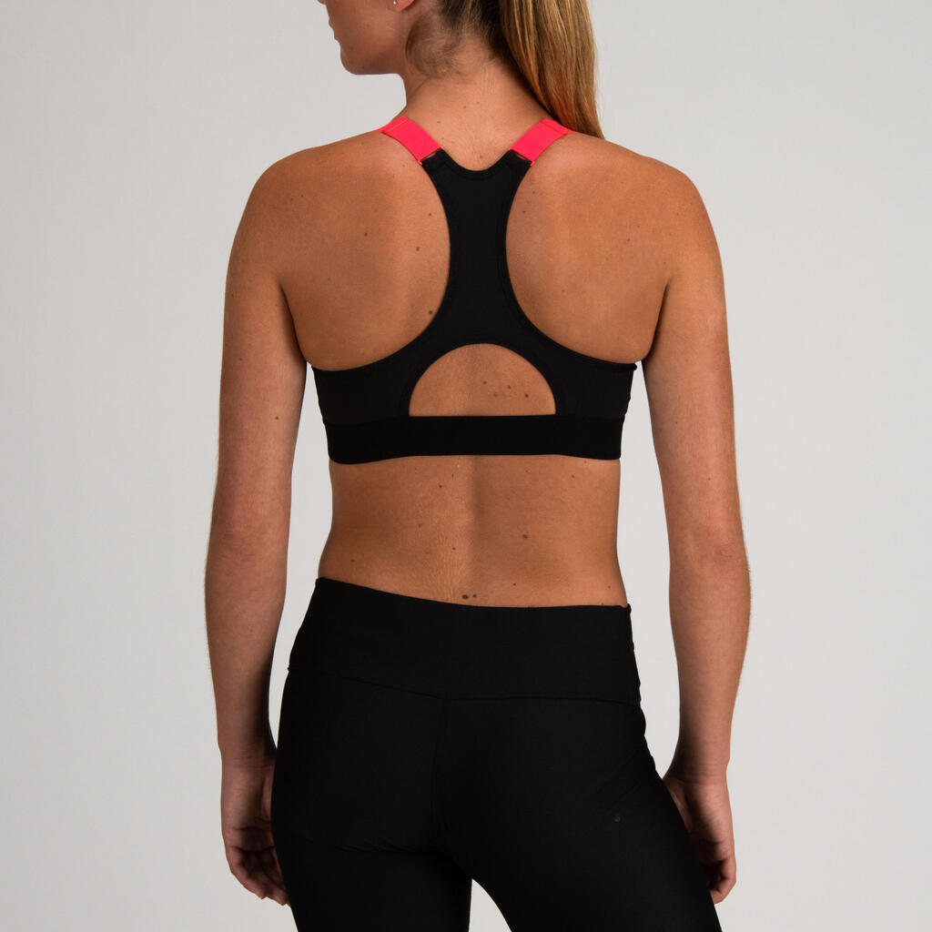 Sport-Bustier Zip FBRA 900 Fitness Cardio Damen schwarz/weiss Print  