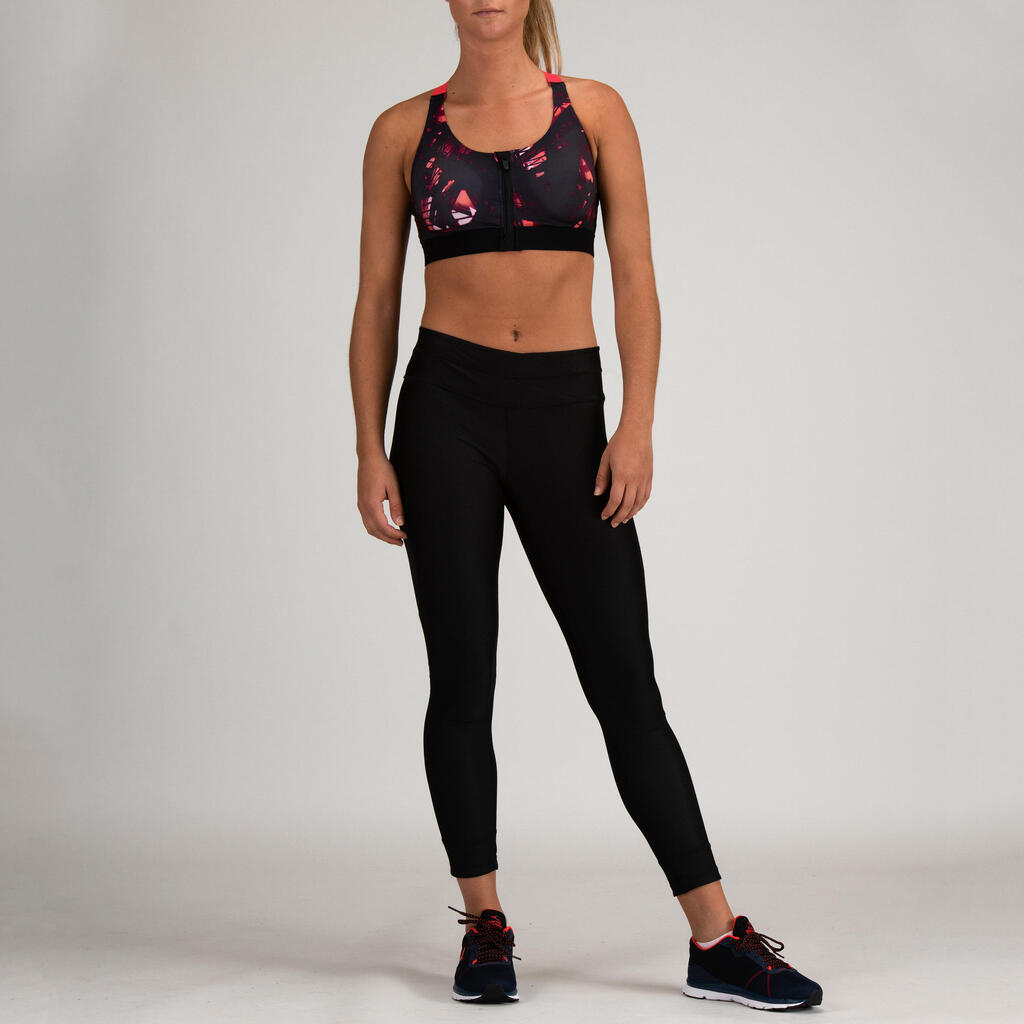 Sport-Bustier Zip FBRA 900 Fitness Cardio Damen schwarz/weiss Print  