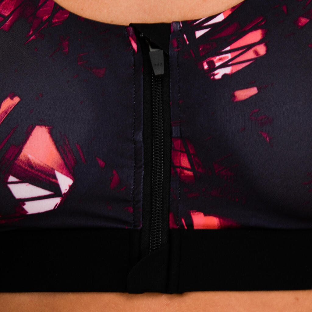 Sport-Bustier Zip FBRA 900 Fitness Cardio Damen schwarz/weiss Print  