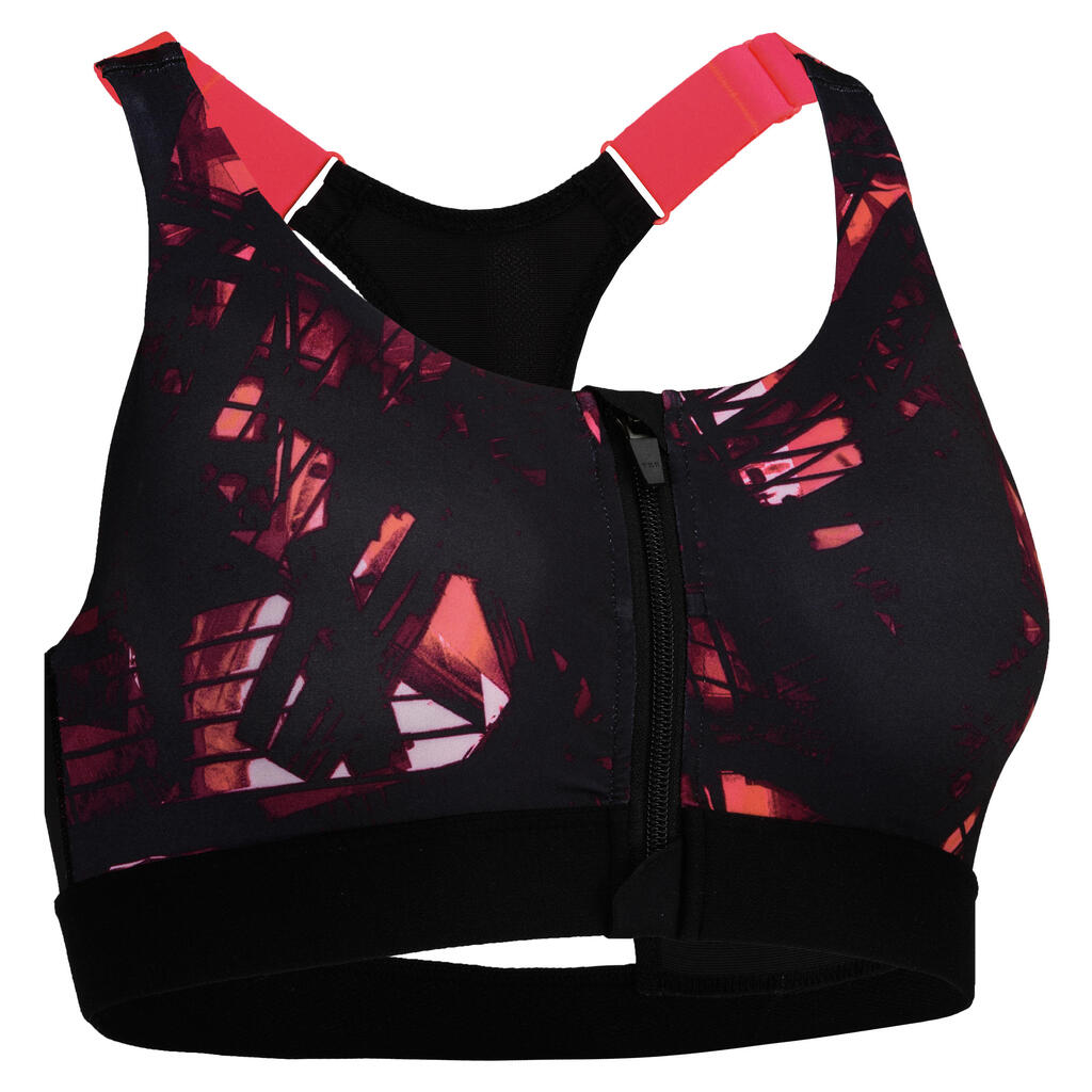 Sport-Bustier Zip FBRA 900 Fitness Cardio Damen schwarz/weiss Print  