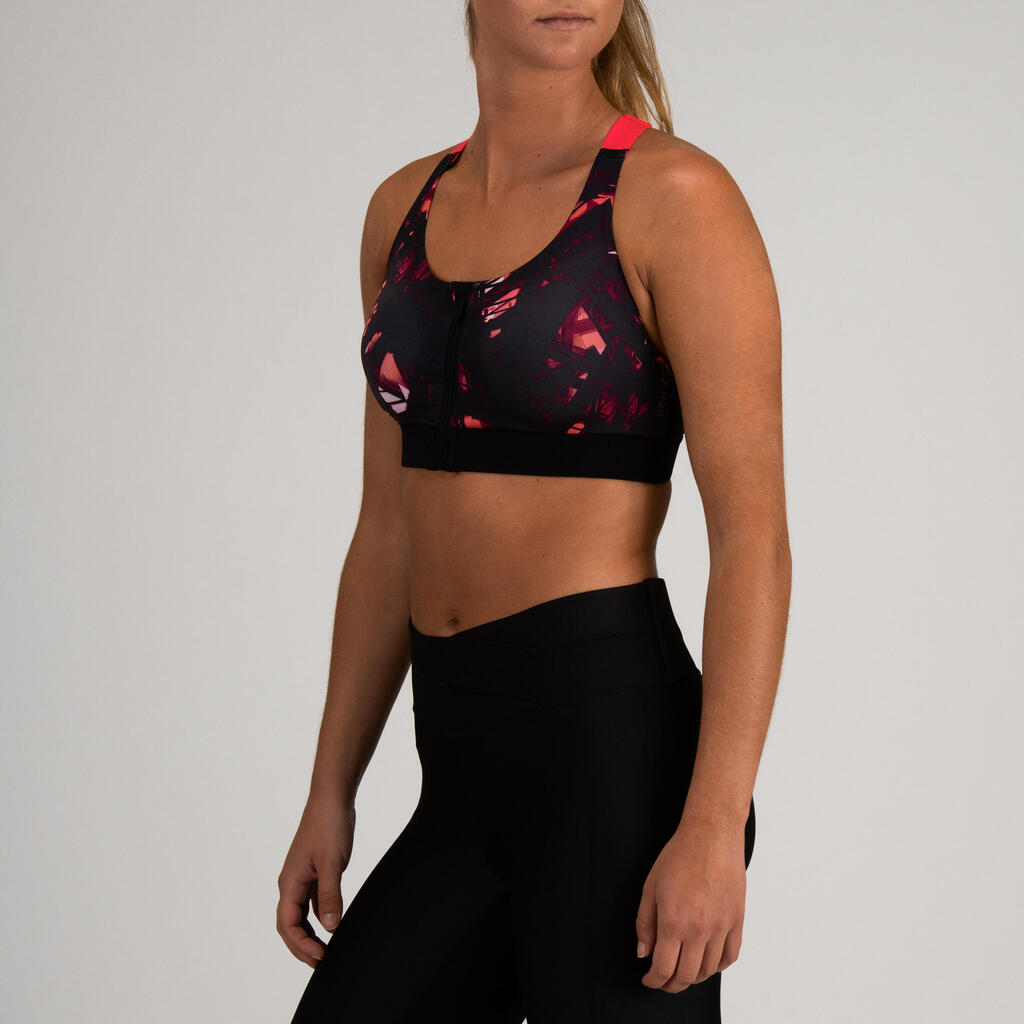 Sport-Bustier Zip FBRA 900 Fitness Cardio Damen schwarz/weiss Print  