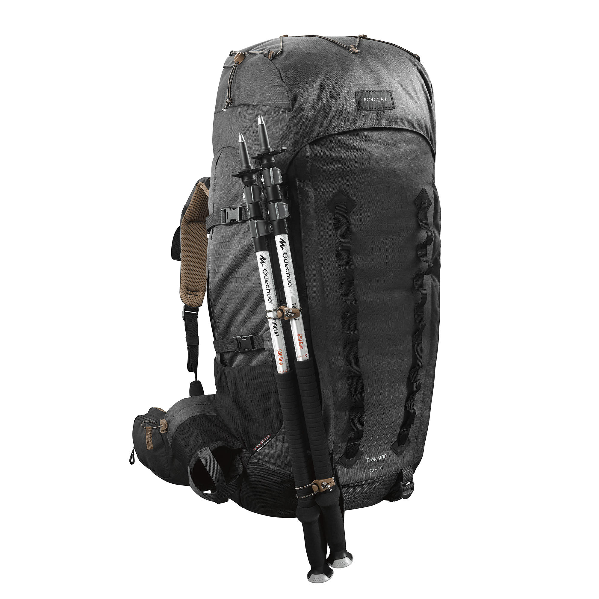 เป้สะพายหลังผู้ชายสำหรับการเทรคกิ้งบนภูเขารุ่น | TREK 900 Symbium 70+10L (สีเทาเข้ม) เดินป่า camping จัดส่งฟรี