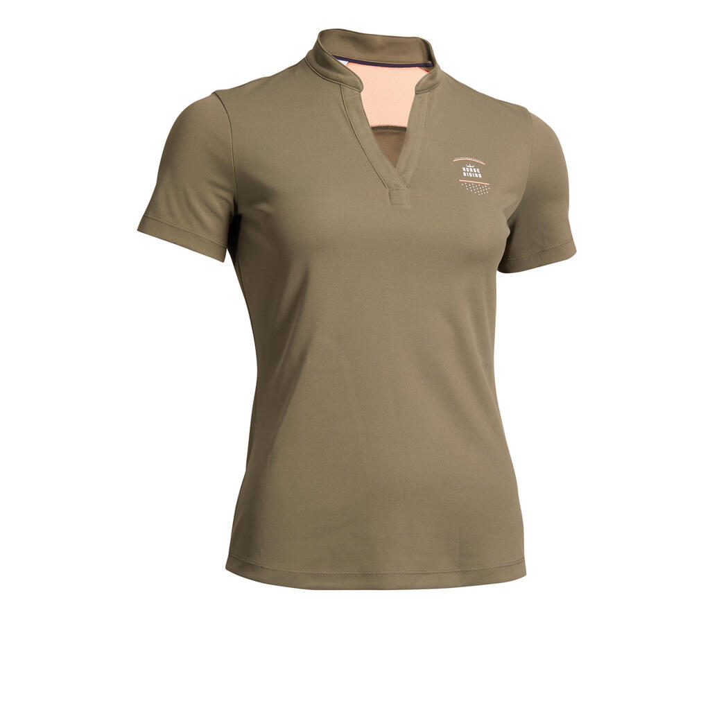 50 Mesh Women's Horse Riding Short-Sleeved Polo Shirt - Khaki/Coral