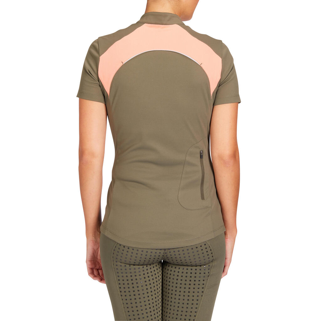 50 Mesh Women's Horse Riding Short-Sleeved Polo Shirt - Khaki/Coral