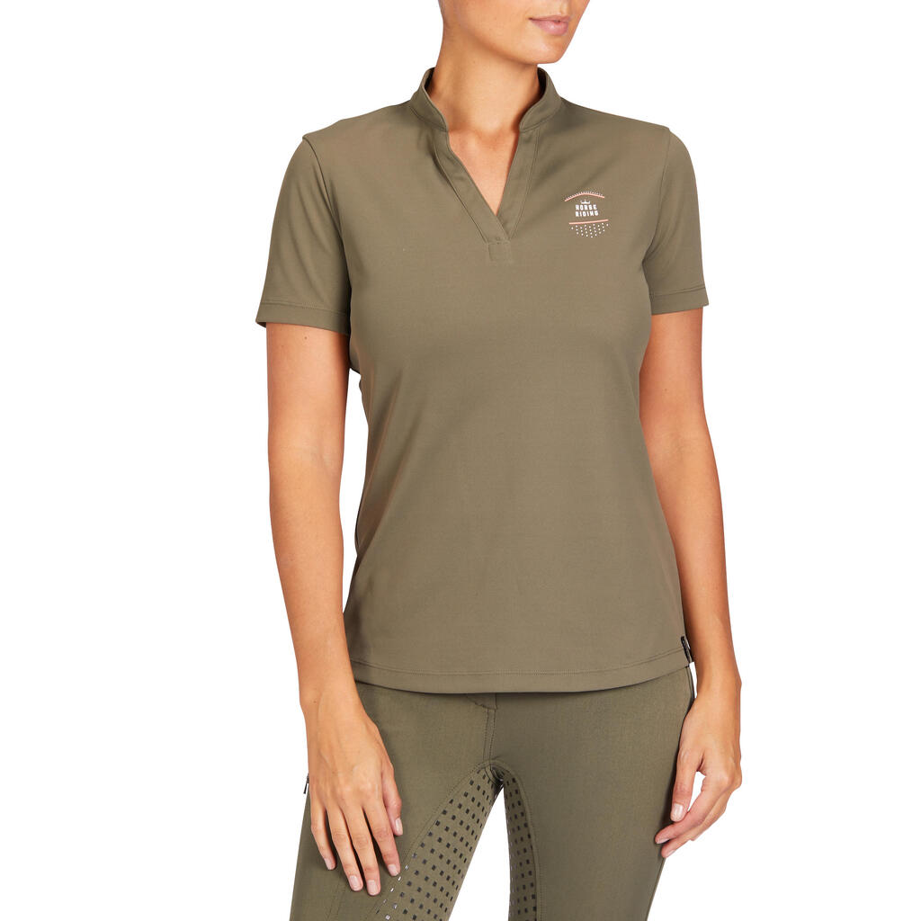 50 Mesh Women's Horse Riding Short-Sleeved Polo Shirt - Khaki/Coral