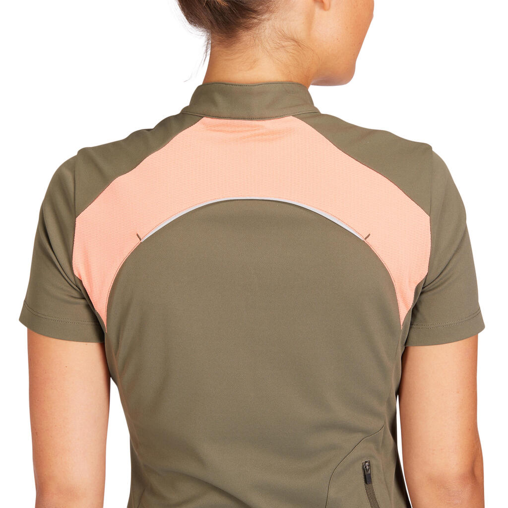 50 Mesh Women's Horse Riding Short-Sleeved Polo Shirt - Khaki/Coral