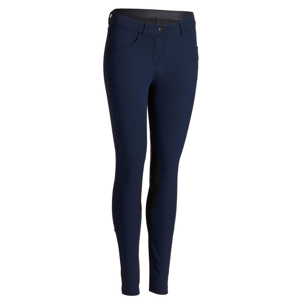 Pantalón equitación mujer 500 badanas adherentes azul marino