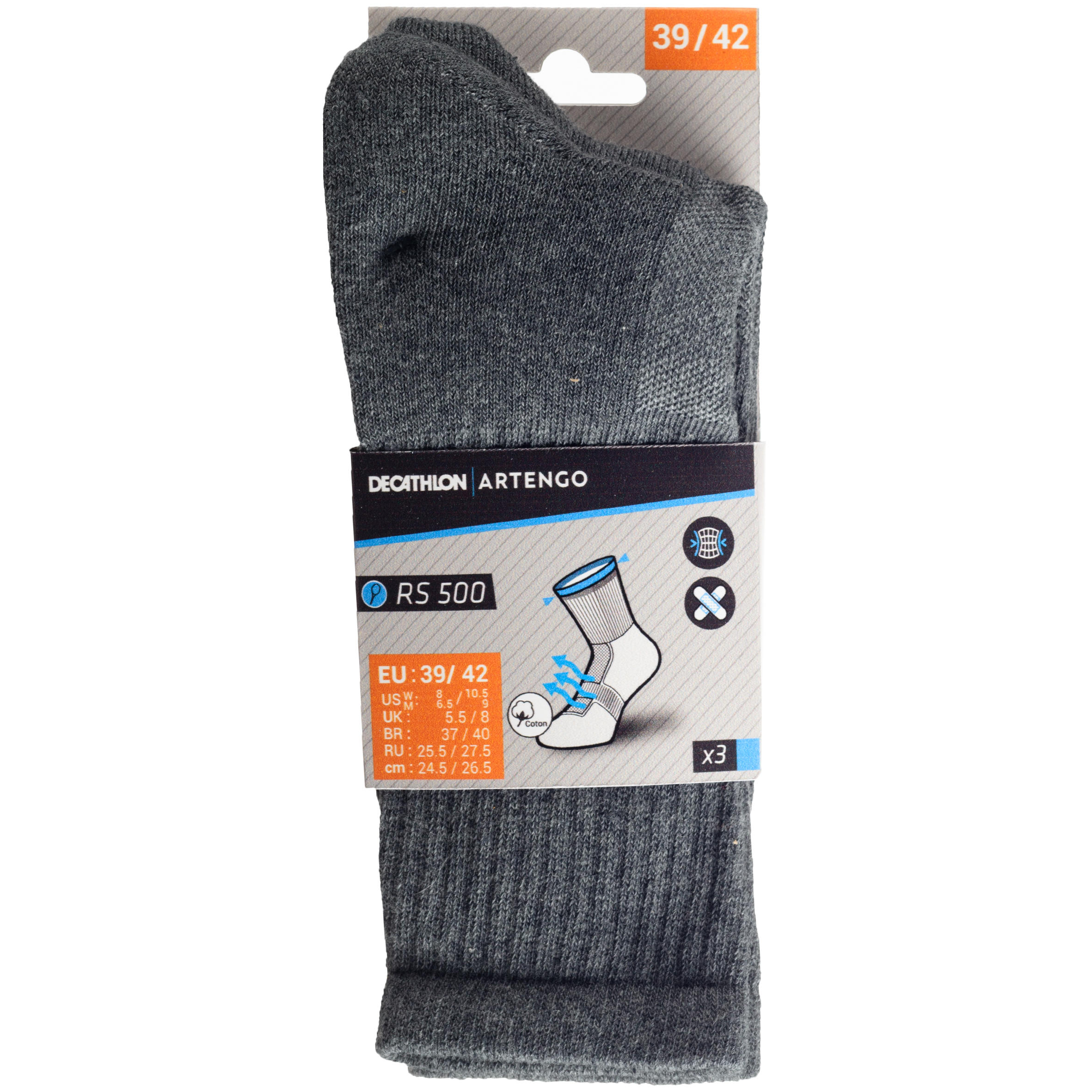 Chaussettes de Tennis Hautes Lot de 3 - RS 500 grises - ARTENGO