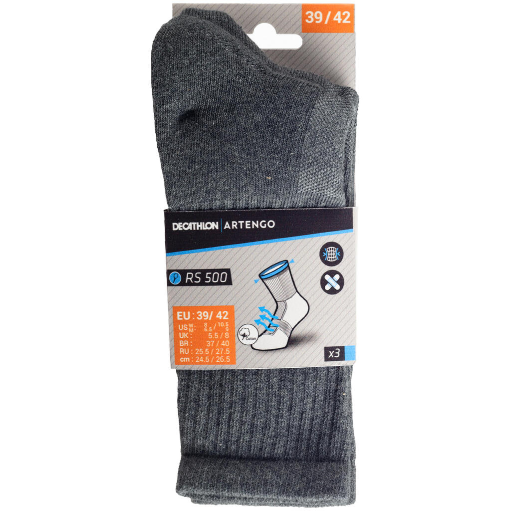 CHAUSSETTES DE TENNIS HAUTES DECATHLON RS 500 GRIS LOT DE 3